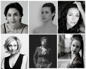 Foto: cast di Viaggio verso Medea. Da sin. in alto: Silvia Rubino, Mimosa Campironi, Elena Scalet; in basso: Silvia Giula Mendola, Silvia Borsari, Livia Castiglioni. Milano, Teatro Pime, mercoledì 26 giugno 2019